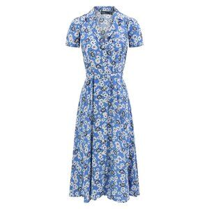 NWT Polo Ralph Lauren Floral Crepe Short-Sleeve Midi in Blue Shirt Dress 16 $228
